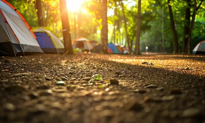 Wall Mural - sunlight streaming through trees at a forest campground