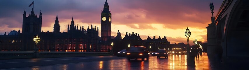 Aufkleber - Majestic sunset over the iconic skyline of London showcasing the silhouetted landmarks of Big Ben and the Houses of Parliament against a backdrop of vibrant dramatic colors
