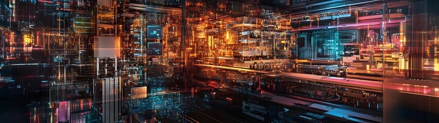 Poster - Mesmerizing futuristic cityscape with a vibrant display of neon lights towering skyscrapers and a dynamic urban infrastructure