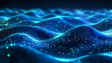 Aufkleber - Abstract blue glowing waves with particles and bokeh effects on dark background create futuristic digital landscape for technology and science designs.