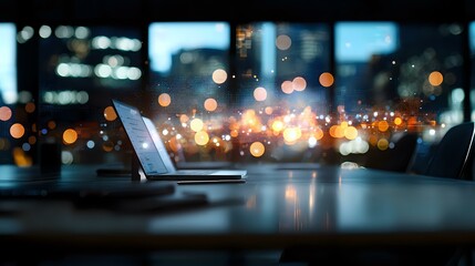 Poster - Laptop on dark desk with magical glowing light particles floating above screen against blurred night city bokeh background, digital transformation concept.