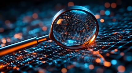 Poster - Magnifying glass on digital circuit board with glowing blue network connections and orange bokeh lights creating futuristic technology concept.