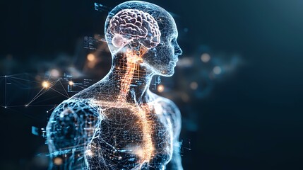 Poster - Futuristic digital visualization of human nervous system and brain activity shown through glowing network connections on dark background with bokeh effects.