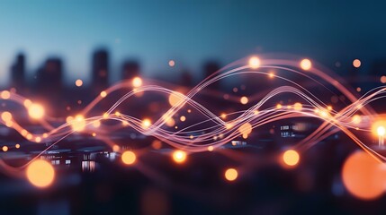 Aufkleber - Glowing orange light waves flow across dark cityscape silhouette with bokeh effects creating modern abstract technology and communication concept background.