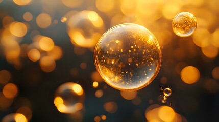 Poster - Magical golden bubbles floating in dark space with glowing bokeh lights and sparkles inside transparent spheres creating dreamy atmospheric effect.