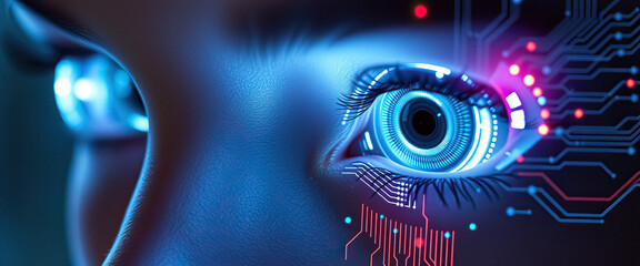 Poster - Close up of futuristic eye enhanced with digital circuits symbolizing advanced technology