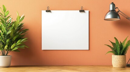 Poster - A blank paper sheet clipped to an orange wall sets a minimalist scene. Lush green plants and a stylish lamp adorn the space, fostering an atmosphere of creativity and calmness