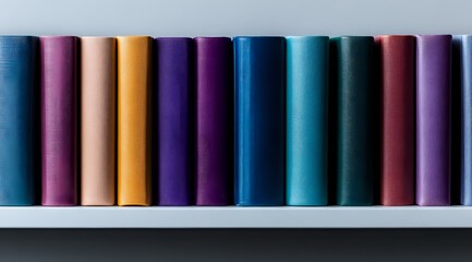 Poster - Colorful leather-bound books arranged in row on white shelf, showing only spines in vibrant shades of purple, orange, blue and burgundy creating minimalist composition.