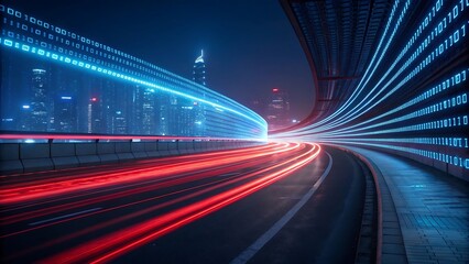 Fototapete - Fast data transfer, digital highway, futuristic city