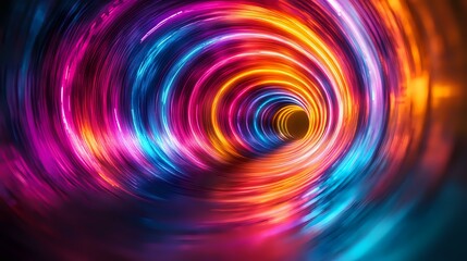 Poster - Vibrant spiral tunnel of colorful light streaks in pink, orange, and blue creating dynamic motion effect against dark background, abstract swirling energy pattern.