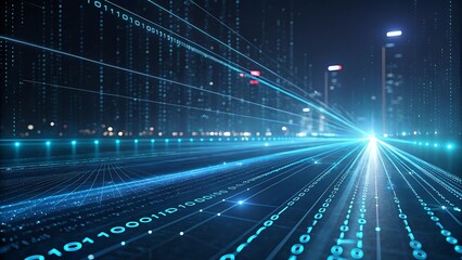 Fototapete - Futuristic city street with digital data streams.