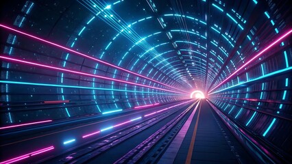 Fototapete - Neon lights illuminate futuristic tunnel.