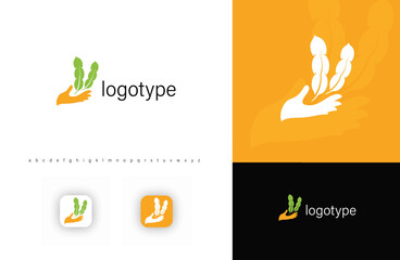 Aufkleber - Hand holding soybean stalks, symbolizing sustainable agriculture, organic farming, natural food production. Ideal for agribusiness, food companies, farming organizations. Modern vector logo