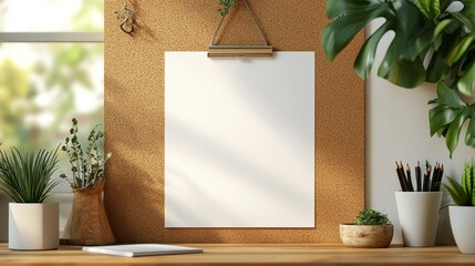 Poster - A blank sheet of paper awaits imagination, clipped neatly against a natural cork board. Lush greenery surrounds a bright and inviting workspace, offering inspiration for creativity