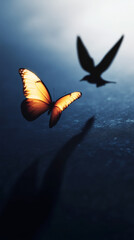 Aufkleber - Delicate orange butterfly hovering near bird's shadow on vivid blue backdrop, highlighting ephemeral natural interaction