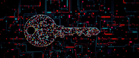 Poster - Digital Key vibrant key design made of colorful pixels against high tech circuit backdrop