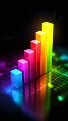 Poster - Multicolored bar graph rising on glossy backdrop, depicting upward financial trend with digital network overlay