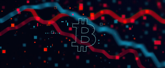 Aufkleber - Digital currency symbol with fluctuating market graph background in red and blue Finance concept