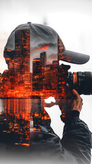 Poster - Photographer taking photos with Chicago reflected in water double exposure effect on his silhouette