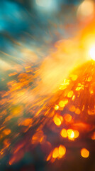 Poster - Blurred bokeh lights creating a warm and vibrant color gradient from blue to orange and yellow, perfect for an abstract background
