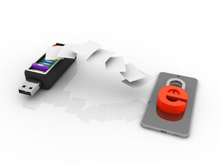 Poster - 3d rendering office document Binder with pen drive near e mail lock in mobile
