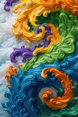 Poster - Bright colors swirl together to create a dynamic abstract design resembling ocean waves. The vibrant hues of orange green blue and purple give a lively feel to the artwork.