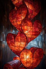 Poster - A series of glowing heart-shaped lanterns hang in a dimly lit hallway casting warm orange and red hues. The intricate design creates a romantic atmosphere perfect for special occasions.
