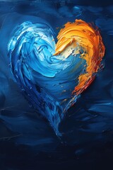 Aufkleber - A vibrant heart is created using bold swirls of blue and orange paint on a deep blue background. The artwork symbolizes love and emotional connection through its dynamic color combination.