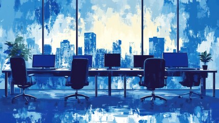 Poster - Modern office with city view. Interior workspace. Possible use Stock photo