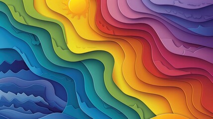 Fototapete - Vibrant abstract artwork features flowing waves in hues of blue green yellow and red highlighted by a bright sun. Layered textures create depth and visual interest in the piece.