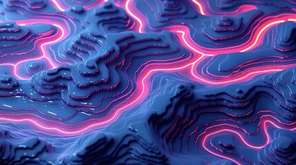 Poster - Brightly colored landscape features intricate patterns with flowing shapes. Neon lights illuminate the scene creating a vibrant visual effect. This digital art showcases a futuristic design.
