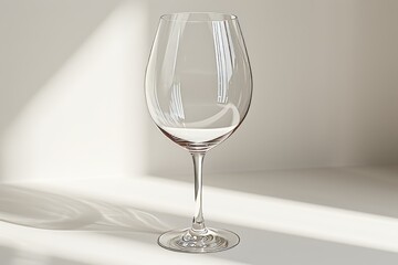 Poster - A clear wine glass stands elegantly on a smooth surface. Soft sunlight filters through casting gentle shadows that enhance the glass's shape and clarity.