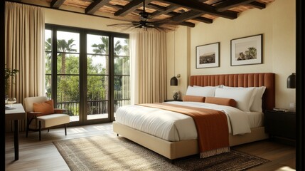 Poster - A tranquil bedroom showcases Alpine Oat curtains gently framing oversized windows, allowing soft light to fill the space. Warm tones and textures create a restful atmosphere for relaxation