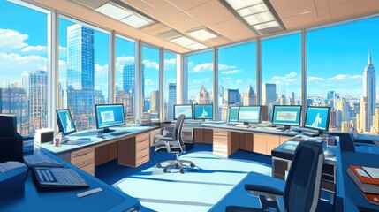 Poster - City Office View, Daytime Interior. Possible use Stock photo for business, workspace, or office design