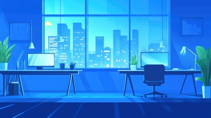 Poster - Modern office interior, night city view, workspace, illustration