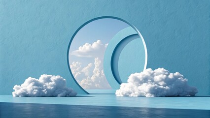 Poster - 3d render blue background with white clouds flying in front of circle shape. Minimal scene empty, blank product display. 3d render, abstract minimal blue background with white clouds flying out