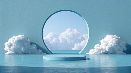 Poster - 3d render blue background with white clouds flying in front of circle shape. Minimal scene empty, blank product display. 3d render, abstract minimal blue background with white clouds flying out
