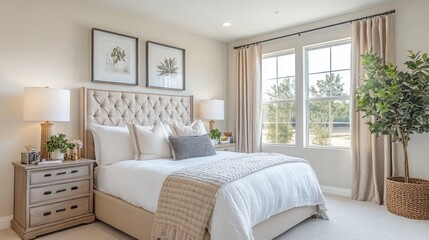 Aufkleber - Soft sunlight filters through alpine oat curtains, illuminating a beautifully styled bedroom