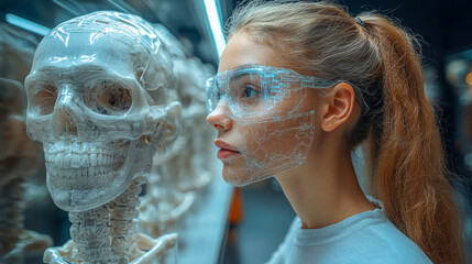 Poster - A futuristic young woman wearing holographic AR glasses examines a transparent human skull model in a high-tech museum