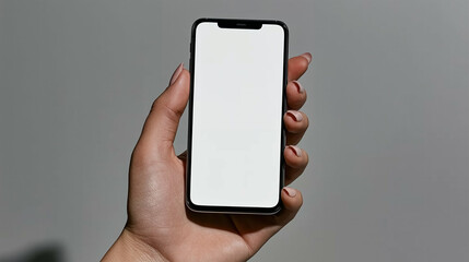 Poster - Smartphone in hand displaying blank screen held by person with manicured nails against gray background. Mobile phone in hand showing empty display held by hand with nail polish