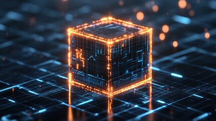 Poster - Illuminated cube with glowing lights creating a captivating visual element in a dark environment with modern aesthetic