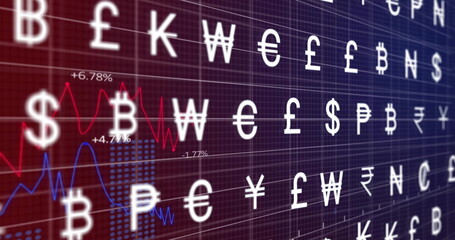 Poster - image of currency symbols over financial data processing on purple background