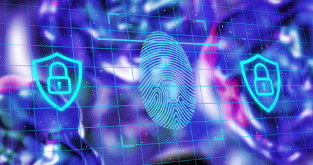 Poster - Image of biometric fingerpring and digital data processing over liquid background