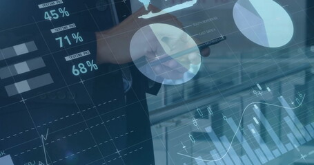 Poster - Image of financial data processing over caucasian businessman using smartphone in office