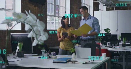 Poster - Image of financial data processing over diverse business people in office