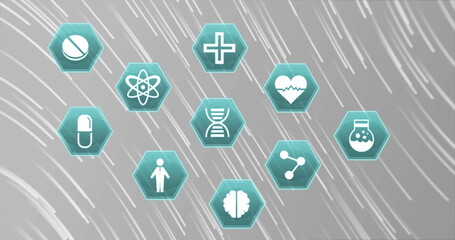 Poster - image of medicine icons and shapes on gray background