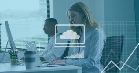 Poster - Image of media icons and diagrams over diverse colleagues using laptops in office