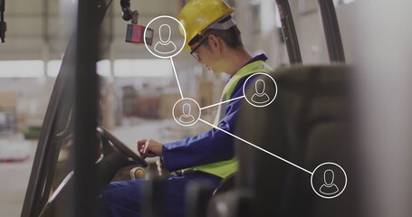 Poster - Image of network of connections with icons over asian male worker in warehouse