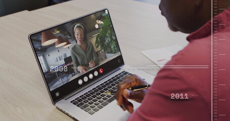 Poster - Image of data processing over african american businessman having image call with colleague