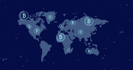 Poster - image of bitcoin icons, digital data processing over world map